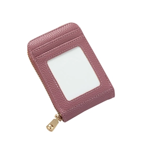 Litchi pattern leather card holder with zipper pocket and ID window in dusty pink