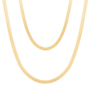 Close-up of dual-layer golden herringbone snake chains with high polish finish