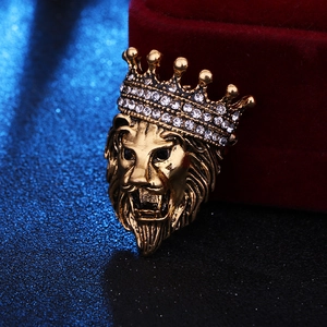 Vintage lion head brooch with crown and crystals for men's suit coat accessory