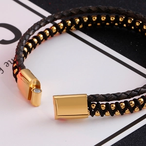 Men's double-layer braided leather bracelet with golden beads and magnetic clasp closure