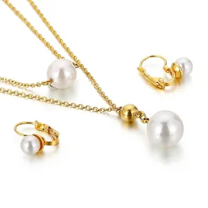 Elegant Artificial Pearl Jewelry For Women 18K Gold Plated Stainless Steel Layered Necklace And Earrings Simple Fashion