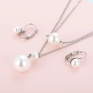 Silver 18K gold plated double layer necklace and pearl earrings set on pink background