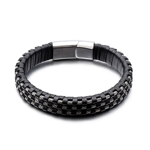 Men's black braided leather bracelet with polished stainless steel clasp on white background