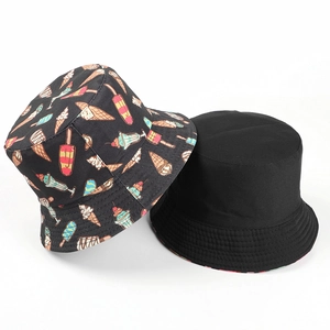 Detail of black cotton bucket hat with colorful ice cream print and parallel stitched brim