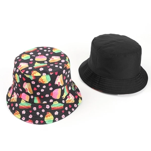 Black cotton bucket hat set featuring one plain design and one colorful dessert print