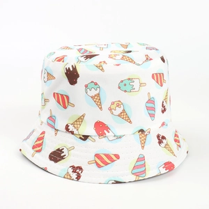 Close-up of colorful ice cream print on white canvas sun bucket hat with straight brim