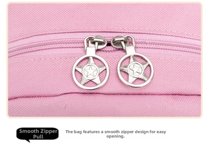 Detail of smooth double zippers with silver star-shaped metal pulls on a pink backpack