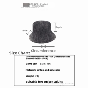 Size information for the paisley bucket hat showing 58cm circumference and cotton fabric