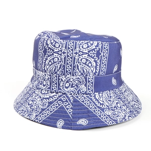 Detail of navy blue cotton paisley bucket hat featuring reinforced stitching on the brim