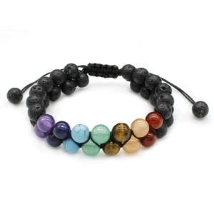 Close-up of double-layer braided bracelet with lava rock and seven chakra beads