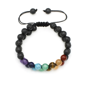 Double-layer braided rope bracelet with matte black lava stone and tiger eye beads