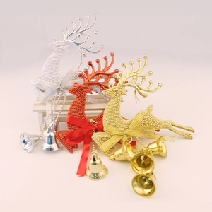 Christmas Reindeer Hanging Ornaments With Bow Ribbon And Metal Bells Glitter Deer Holiday Tree Decorations For Home Party