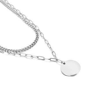 Double-layer stainless steel woven chain necklace with a plain silver round pendant