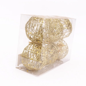 Set of six gold hollow Christmas ornaments with glitter finish in transparent box