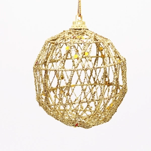 Detail of gold hollow wire Christmas tree ornament with glitter finish and hanging loop