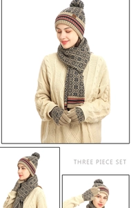 Detailed view of beige winter knit set with black patterns and red stripes on white