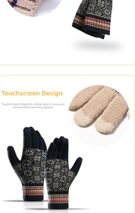 Detail of knitted touchscreen gloves with blue jacquard pattern and striped wrist cuffs
