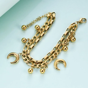 Double-layered golden stainless steel Cuban chain bracelet with moon pendants and beads