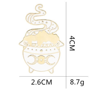 Mystical cauldron enamel pin with crescent moon symbols and 4cm dimensions display