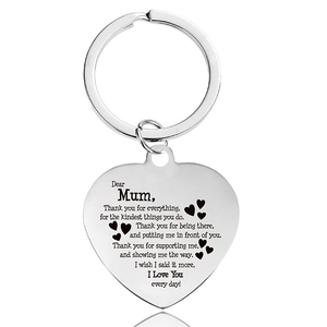 Detailed view of polished heart keychain with engraved appreciation poem for mothers