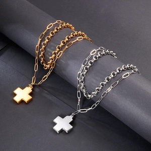 Double Layer Cross Pendant Necklace Stainless Steel Mirror Polished Paperclip Rolo Chain Minimalist Jewelry For Women Men