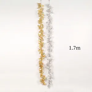 1.7m Christmas rattan garland with gold and silver glitter berries for home wall decor