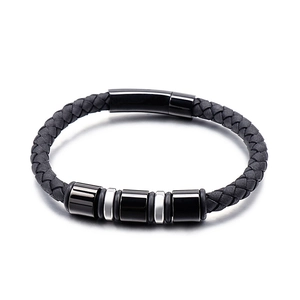 Men's black braided leather bracelet with silver metal beads and magnetic clasp