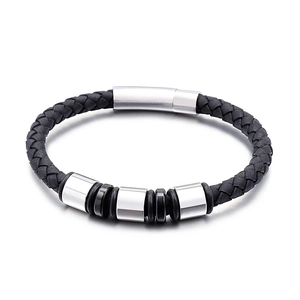 Men's black braided leather bracelet with silver magnetic clasp on white background