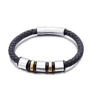 Braided black leather bracelet with silver and gold metal beads and magnetic clasp
