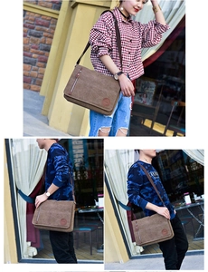 Brown canvas messenger bag shown on male and female models in outdoor street setting