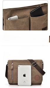 Detail view of brown canvas messenger bag with iPad size comparison and multi-pocket design