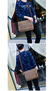 Front and back views of a brown canvas messenger bag worn by a model in a street setting