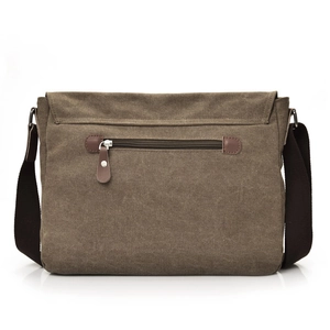 Men's large coffee canvas messenger bag with back zipper pocket and adjustable strap