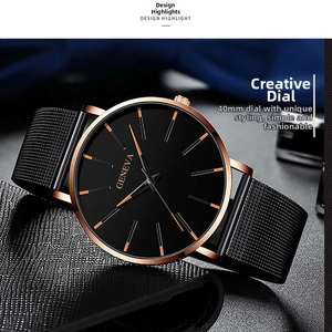 Detail of 40mm black Geneva quartz watch with rose gold indices and mesh steel strap
