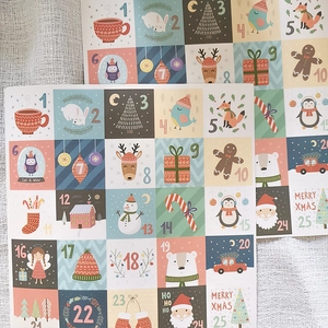 Christmas countdown calendar stickers with 1-25 numbers and festive patterns for holiday boxes