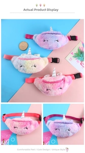 Detail of plush unicorn waist bag with adjustable strap and colorful cartoon design