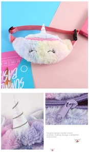Detailed macro view of the rainbow plush unicorn waist bag showing sequins and fluffy texture