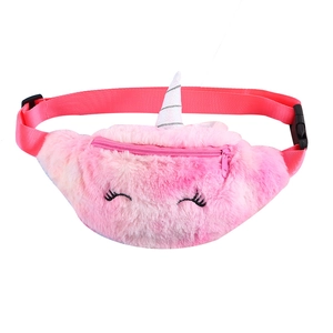 Pink plush unicorn waist bag for children featuring a silver horn and red strap