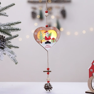 Luminous heart wooden Christmas ornament with LED light, Santa pattern and pine cones