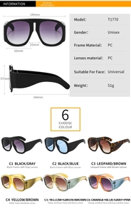 Detailed size specifications and color options for oversized round frame sunglasses