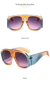Detail view of orange and blue gradient sunglasses with purple pink lenses and CE logo
