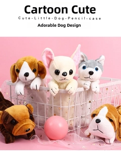 Detailed view of plush dog-shaped pencil cases in a basket with pink decorative elements