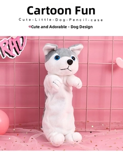 Close-up of soft plush dog pencil case with creative cartoon puppy design for students