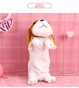 Close-up of fluffy golden retriever plush pencil case with cute 3D ears and zipper