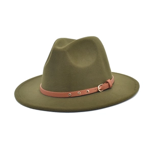 Detailed side view of olive green wool fedora with brown studded leather belt buckle