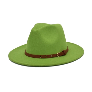 Detail of green wool felt jazz hat with brown leather band and gold metal buckle
