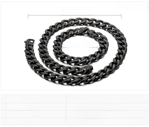 Detailed view of black stainless steel Cuban link necklace and bracelet set with specs