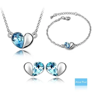 Sea blue crystal heart jewelry set including necklace, bracelet and earrings