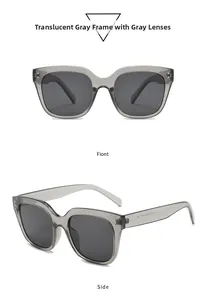 Front and side views of transparent gray square sunglasses with dark tinted lenses