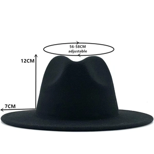 Classic black felt fedora hat with flat wide brim and adjustable interior strap